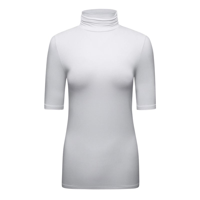 OThread & Co. Women's Half Sleeve Turtleneck T-Shirt Basic Stretch Layer Comfy High Neck Top (Small, White) - Image 1